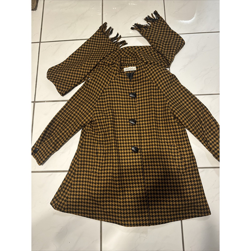 VTG Lilli Ann Swing Coat Womens Apx Sz M/L Multicolor Tweed Houndstooth Scarf